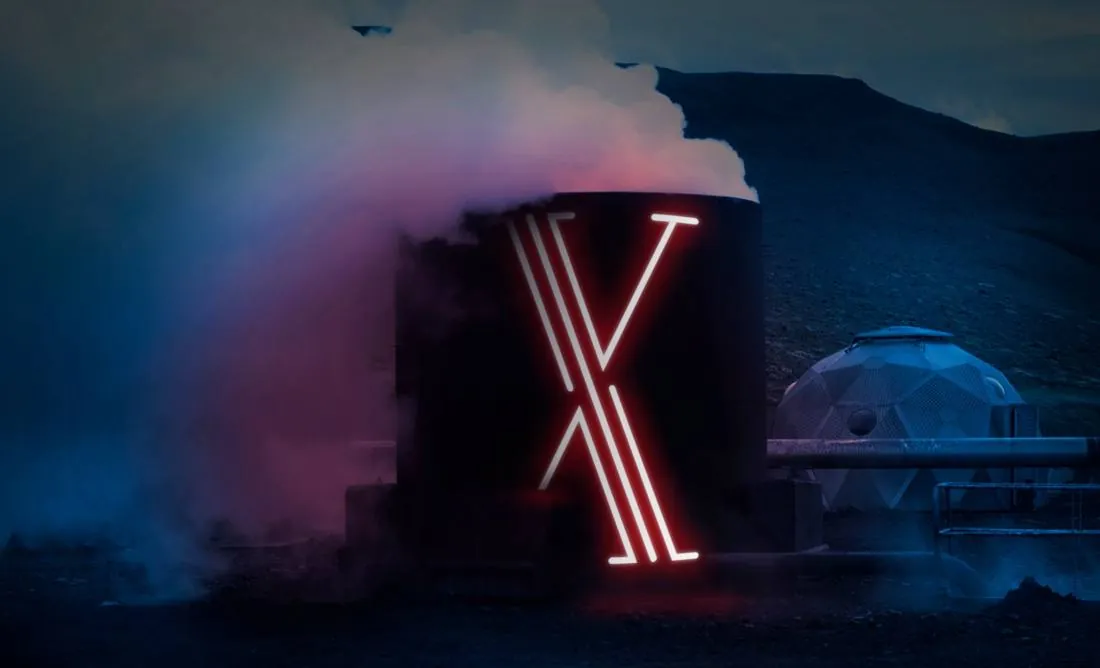 Lettre X en néon dans la vapeur, Islande